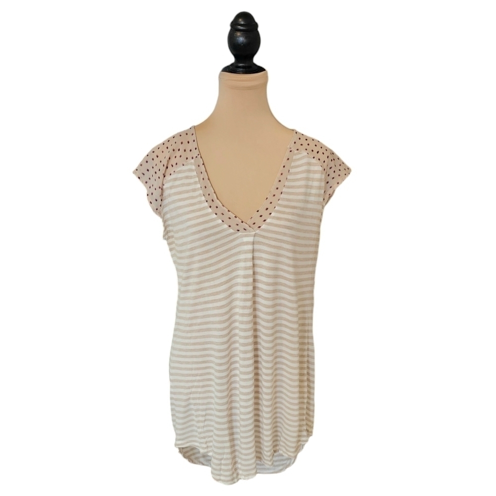 Anthropologie Little Yellow Button Striped Tee Shirt Sz L